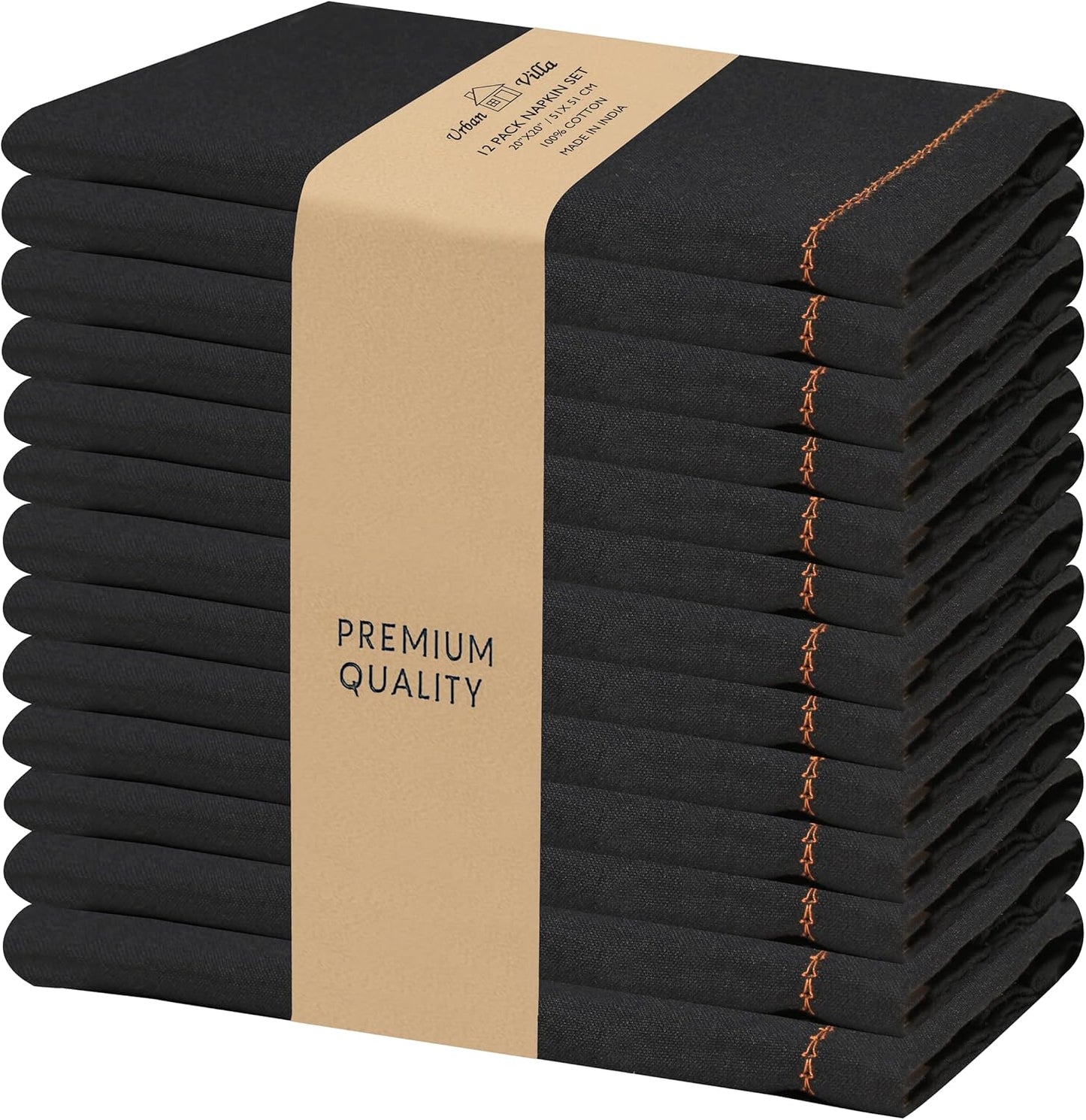 Urban Villa Halloween Cloth Napkins Black Orange Hemstitch Dinner Napkins Set of 12(20x20) Inches Premium Soft Cotton Highly Absorbent Reusable & Washable Dinner Table Napkins for Home and Weddings