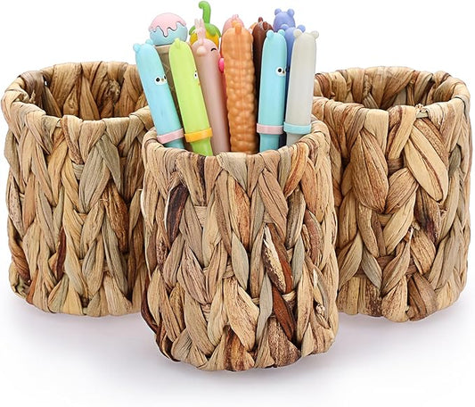 BTSKY 3 Pack Water Hyacinth Pencil Holder, Handmade Wicker Pen Cup Makeup Brushes Holder, Pens Pencil Cup Organizer Chic Woven Desktop Accessories Pen Container Box for Office Home Desktop, Cylinder