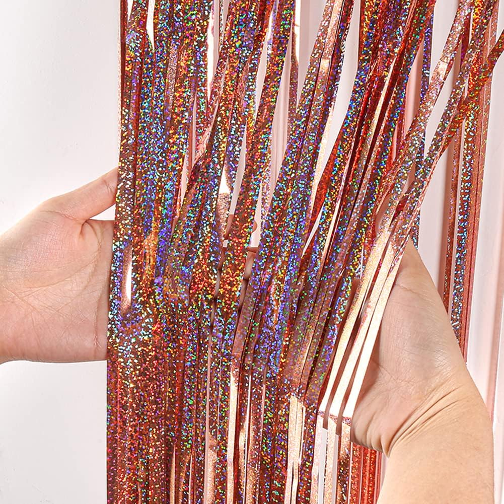 Tinsel Fringe Backdrop Party Decor Foil Curtain Party Decorations for Birthday Holiday Celebration Graduation Baby Shower Engagement Bachelorette Wedding Photo Booth Props(Sparkle Rose Gold)
