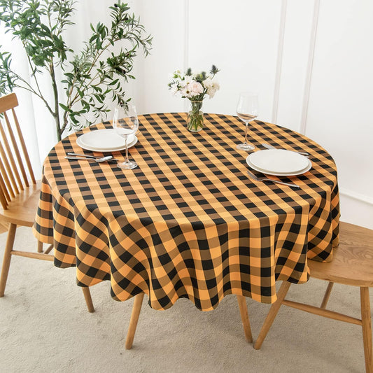 maxmill Round Checkered Tablecloth Spillproof Wrinkle Free Heavy Weight Gingham Table Cloth for Circular Table Cover Buffalo Plaid for Buffet Banquet Parties Holiday Dinner 70 Inch Black and Orange