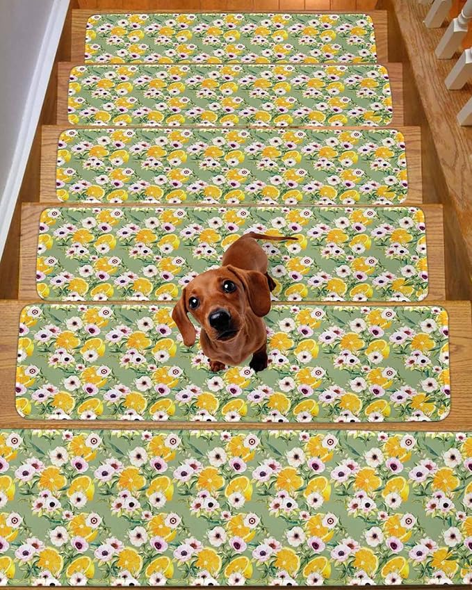 Summer Flowers Stair Treads Non Slip for Wooden Steps Pink Floral Yellow Lemons Leaves Green Pastoral Stair Runner Carpet Reusable Adhesive Staircase Rugs for Dogs, Elders and Pets, 8x30 Inch, 4PCS
