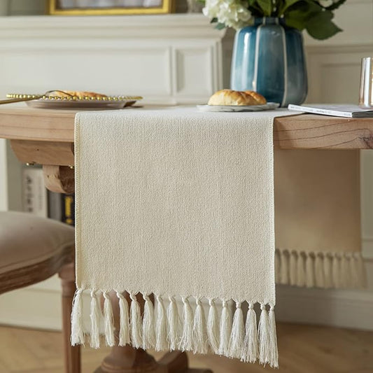 ZeeMart Cream Table Runners 90 Inches Long, Burlap Linen Style Rustic Farmhouse Table Runner, Long Boho Dining Table Runner, 13x90 Inches, Cream