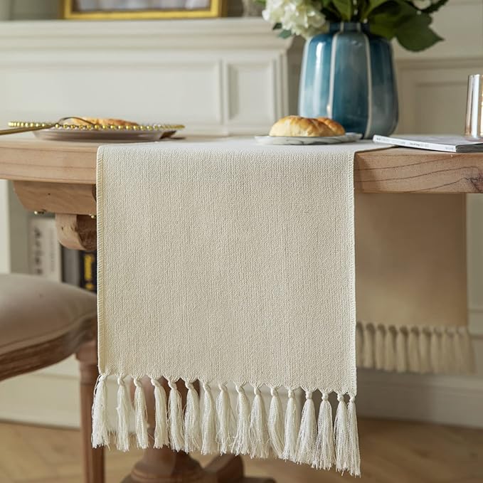 ZeeMart Cream Table Runners 48 Inches Long, Burlap Linen Style Rustic Farmhouse Table Runner, Small Short Boho Coffee Table Runner, 13x48 Inches, Cream