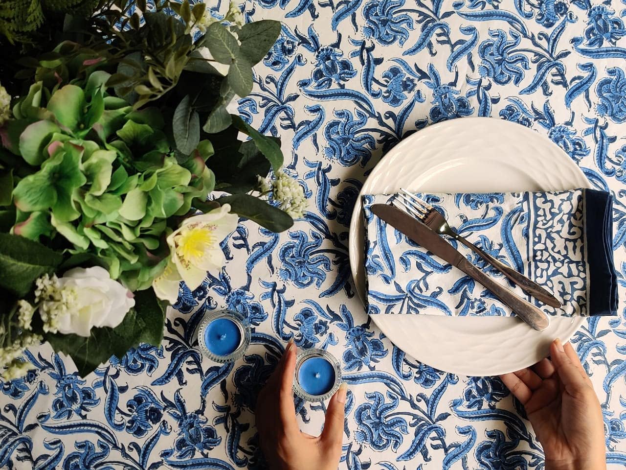ATOSII Midnight Bloom 100% Cotton Fall Tablecloth, Handblock Print Blue Rectangle Table Cloth for Kitchen Dining Table Linen I Parties Wedding Outdoor Decor 60 X 90 Inches