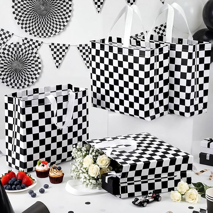 Abbylike 30 Pack Checkered Racing Race Car Gift Bag Bulk Large Goodie Bag Black White Non Woven Tote for Car Birthday Party