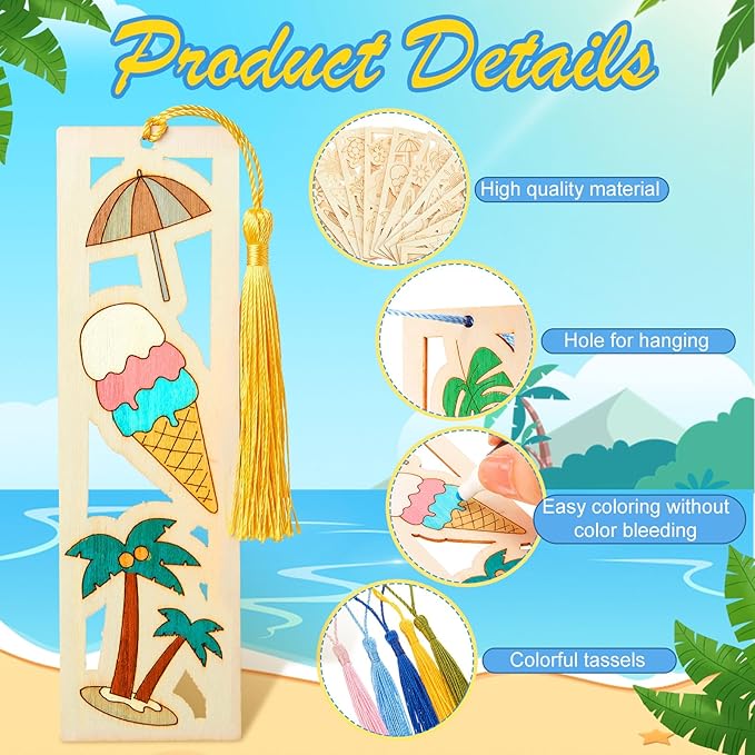 Yexiya 100 Pcs Bulk DIY Wooden Bookmarks Kit - 50 Set Tropical Hawaii Unfinished Wood Crafts with 50 Colorful Tassels for Classroom Rewards, Student Gifts, Summer Camp, Luau Party Favors, Art Projects