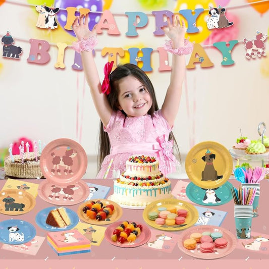 182Pcs Pet Dog Birthday Party Decorations,Retro Puppy Themed Paper Plates Napkins Disposable Pet Dog Tableware Supplies,for Baby Shower Kids Birthday Party Favor,Serve 30 Guests