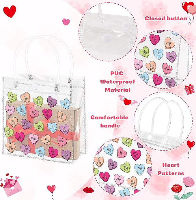 H1vojoxo Valentine's Day Gift Bags - 24PCS Valentine's Day Clear Gift Bags with Handle Clear PVC Valentines Party Favor Bag Plastic Valentine Conversation Heart Candy Treat Goodie Bag for Party Supply