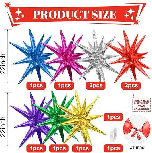 Colorful Star Balloons,9Pcs 22Inch Rainbow Explosion Spike Cone Helium Polyester Film Star Foil Balloons for Birthday Anniversary Baby Shower New Year Christmas Disco Party Decorations