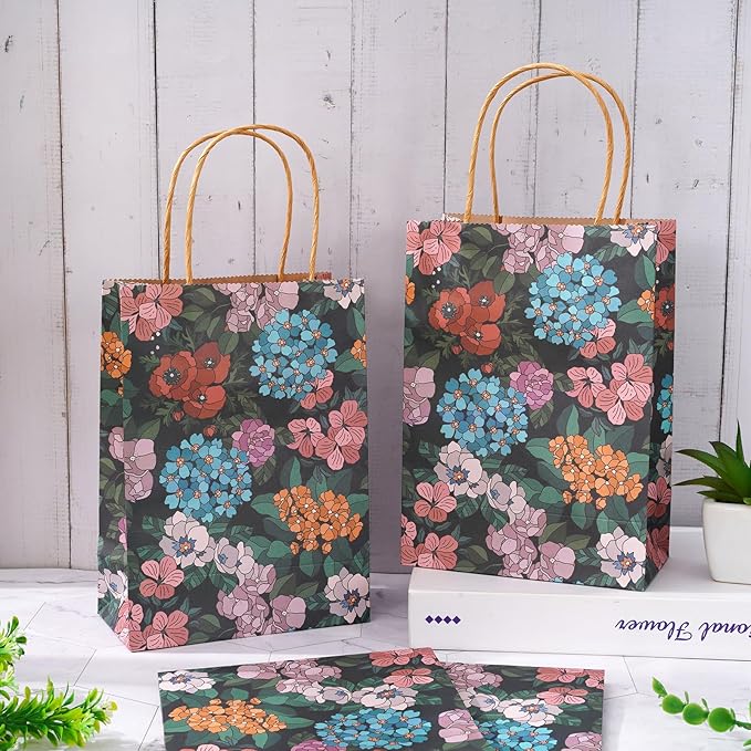 JarThenaAMCS Floral Kraft Paper Gift Bags Vintage Botanic Candy Goodie Treat Bags with Handles Reusable Grocery Bag for Spring Summer Mother's Day Birthday Wedding Party Favors Supplies