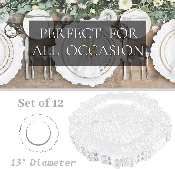 MAONAME 13" White Charger Plates, Round Reef Chargers for Dinner Plates, Plastic Plate Chargers for Table Setting, Wedding Decor, Set of 12
