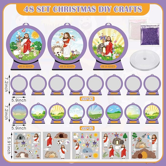 Frienda 48 Set He is Risen Scene Craft Kit Religious Crafts for Kids DIY Shaking Globe Craft Make a Jesus Risen Ornament Bulk with Glitter Sequins Paper for Sunday School Christian Religious Decor
