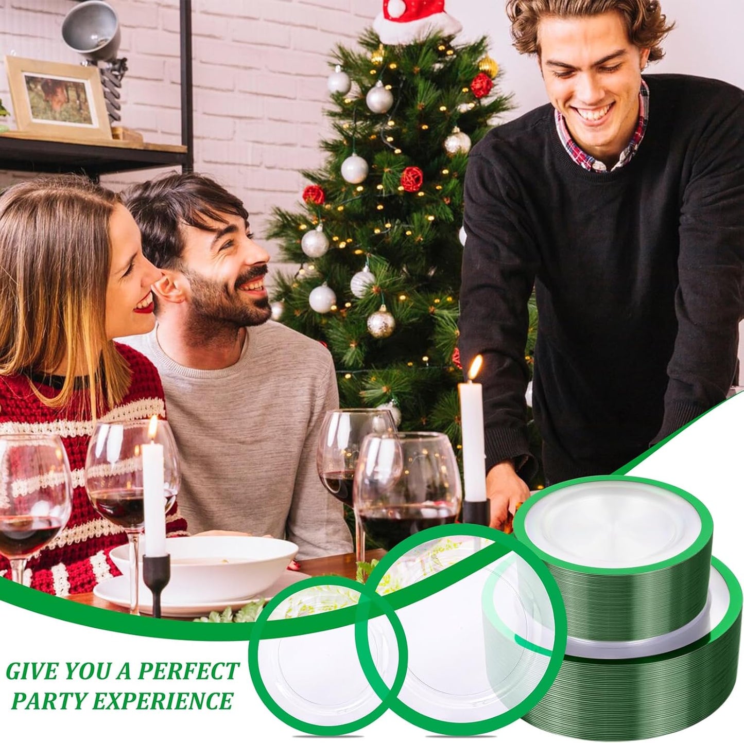 U-QE 120PCS Christmas Plates Disposable - Green Plastic Plates Disposable Heavy Duty- Holiday Plate Include 60 10” Dinner and 60 7” Dessert Platos, Perfect for Christmas, Party, Wedding