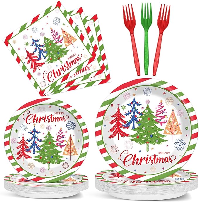 OBUSATT 96Pcs Christmas Party Supplies Red Green Christmas Tree Paper Plates and Napkins Disposable Xmas Tableware Dinnerware Set Winter Snowflake Plates for Holiday Party Decorations Serves 24
