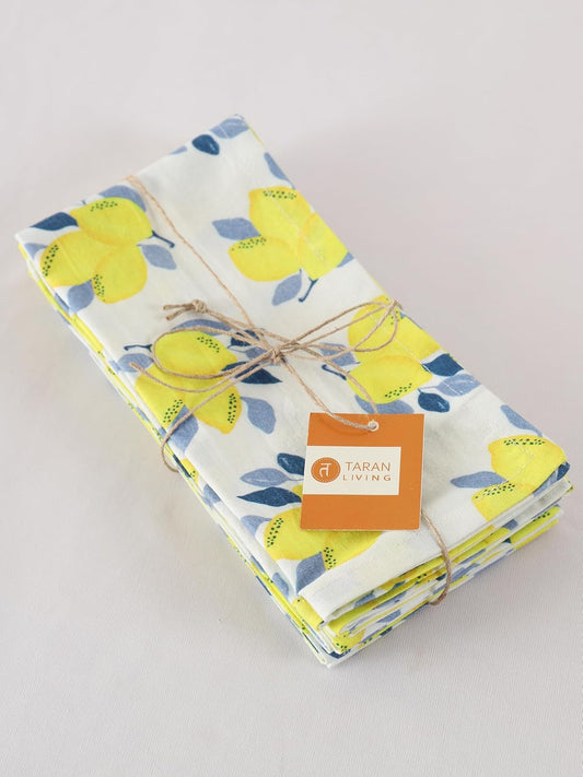 TARAN LIVING Printed Cotton Cloth Napkins Fall Dinner Napkin Set Reusable Machine Washable Fabric for Gifting, House Party Events, Home Decor, Craft - 18"x18" - Set of 4 - Lemon Print