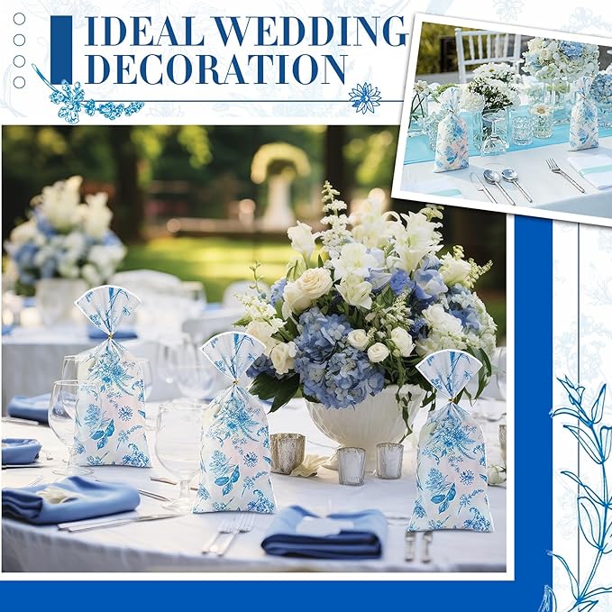 Sweetude 100 Pcs Wildflower Party Cellophane Treat Bags Candy Plastic Clear Goody Bags Gift Supplies for Baby Shower Bridal Shower Birthday Wedding Party Favors, 11"x 5" (Blue and White)