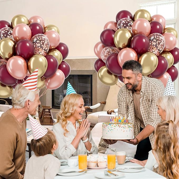 60pcs Burgundy and gold Balloons 12inch with Maroon Pearl Rose Gold Confetti Metallic Gold Balloons for Wedding Bridal Shower Anniversary Birthday Party Decorations
