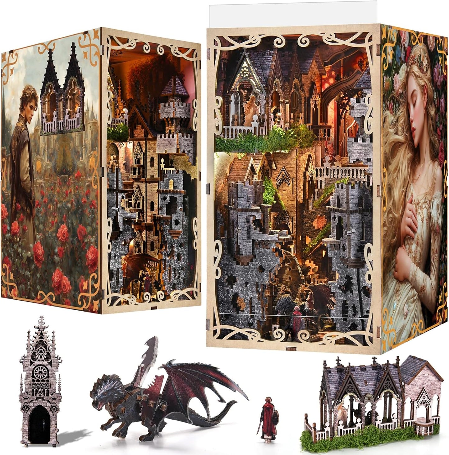 DIY Book Nook Kit for Adults, 3D Wooden Puzzle Bookend Bookshelf Insert Decor with LED Light and Dust Cover (Sleeping Beauty)
