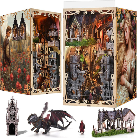 DIY Book Nook Kit for Adults, 3D Wooden Puzzle Bookend Bookshelf Insert Decor with LED Light and Dust Cover (Sleeping Beauty)