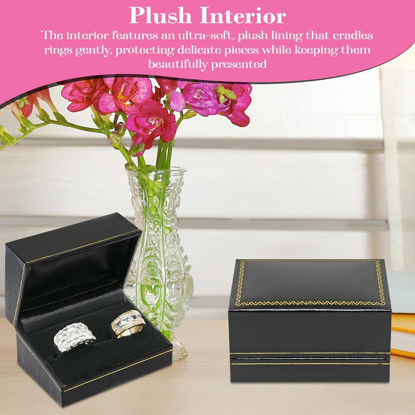 Novel Box Black Jewelry Box for Double Rings 3x2x1.5 Inches - Ring Gift Boxes with Gold Trim - Faux Leatherette Double Rings Storage Case - Gift Presentation Cases for Ring Only