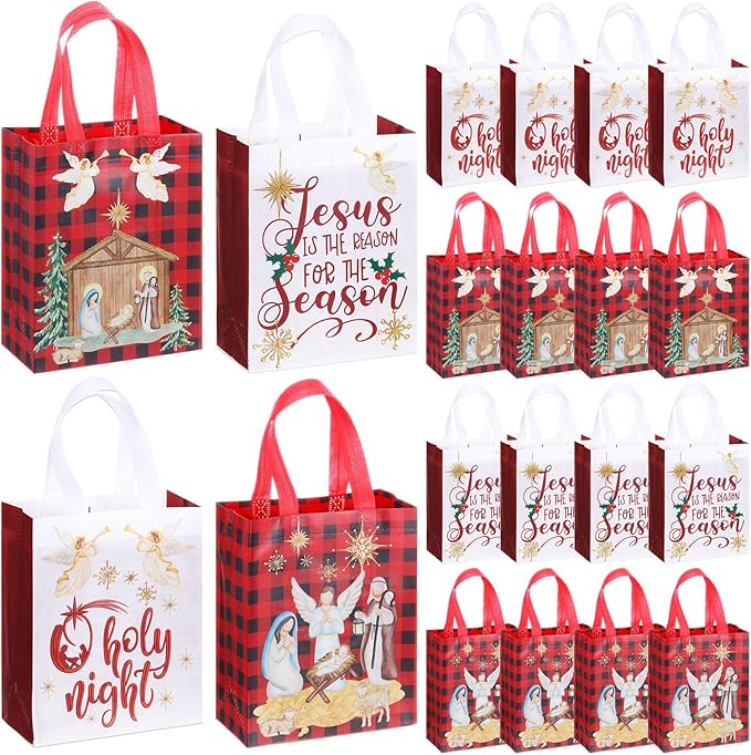 Wesnoy 24 Pcs Christmas Nativity Bags Bulk 10 x 8 x 4 Inch Christmas Jesus Non Woven Gift Bags with Handles Holy Night Religious Jesus Decoration Gift Packaging Reusable Christian Supplies for Xmas
