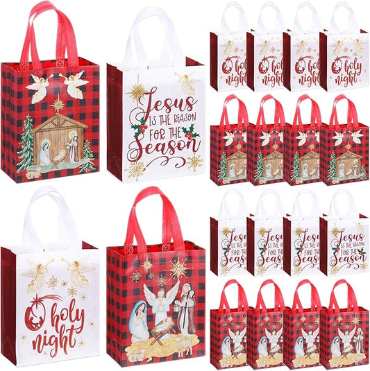 Wesnoy 24 Pcs Christmas Nativity Bags Bulk 10 x 8 x 4 Inch Christmas Jesus Non Woven Gift Bags with Handles Holy Night Religious Jesus Decoration Gift Packaging Reusable Christian Supplies for Xmas