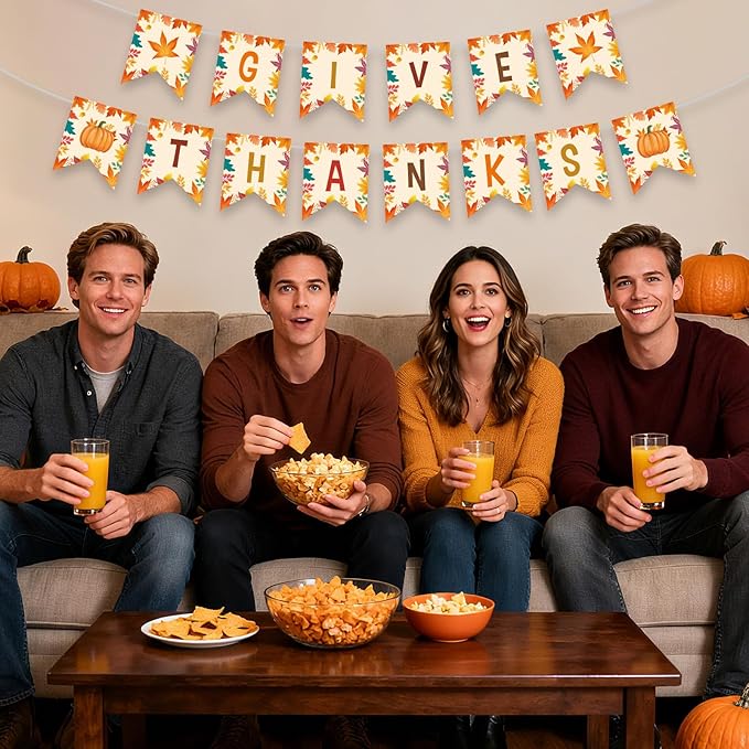 Give Thanks Banner - Happy Thanksgiving Decorations Banners, Fall Maple Leaf Pumpkin Sign Garland Backdrop Banner for Thanksgiving Party Supplies Favors Indoor Outdoor Home Office Wall Door Decor