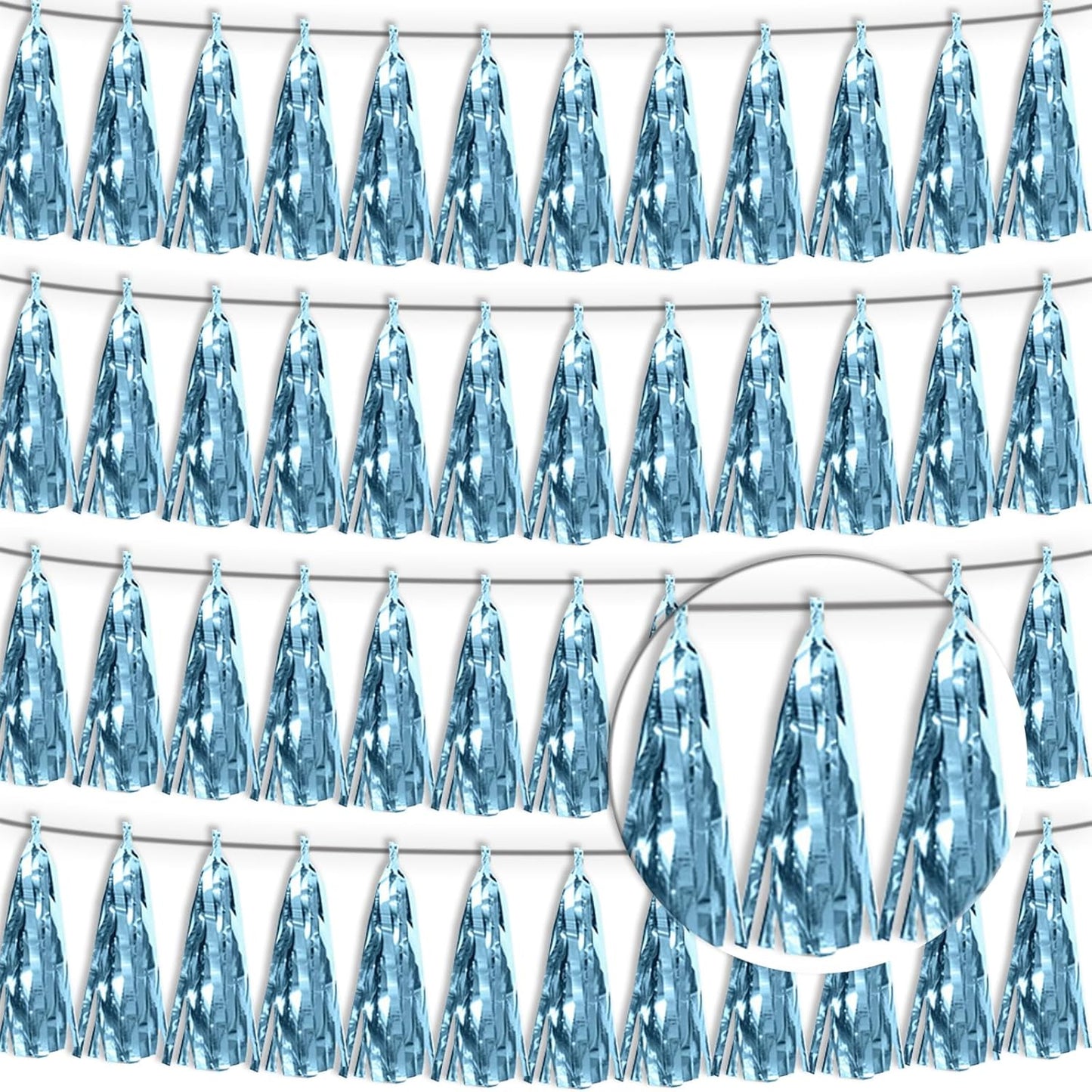 4P Light Blue Tassel Banner Garland Metallic Foil Fringe Banner Tinsel Tassels Streamer Banner Backdrop for Parade Floats, 2025 Graduation Decorations, Wedding Party Decoration