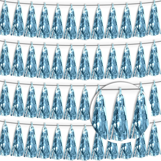 4P Light Blue Tassel Banner Garland Metallic Foil Fringe Banner Tinsel Tassels Streamer Banner Backdrop for Parade Floats, 2025 Graduation Decorations, Wedding Party Decoration