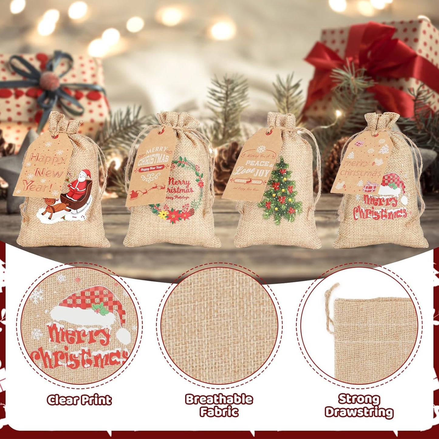 Tapleap Small Burlap Coth Christmas Gift Bags with Drawstring, 4x6 Inches (Lot of 40) with Tags, String, for Wrapping Holiday Party Favors or Gifts for, Kids Class, Coworkers, and Neighbor