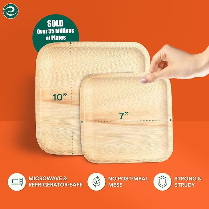 ECO SOUL 7&10 Inch Disposable Palm Leaf Bundle Plates [50 Pack] Premium Food-Safe Heavy Duty Compostable Bamboo Paper Plates for Lunch, Dinner, Weddings, Party, Camping & Catering Events [Square]