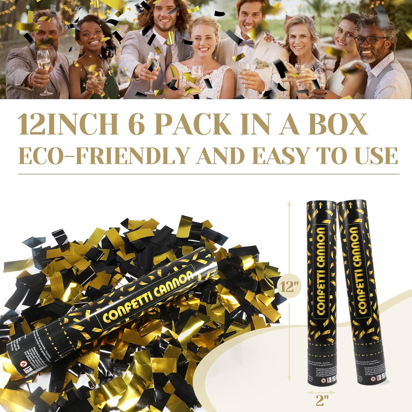 Black gold Confetti Poppers,6pack 12inch Confetti Wands For Birthday,Indoor Wedding,Party,Celebrations,Photo Shoots and New Year (Black gold 6Pack)