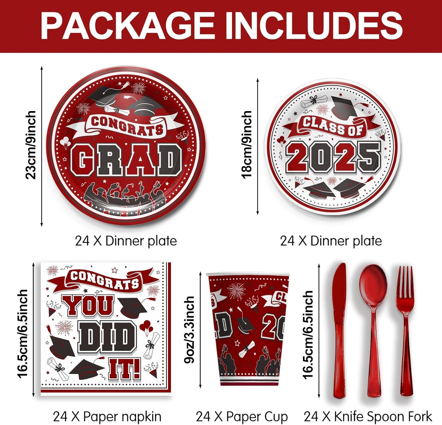 Graduation Decorations Class of 2025 - Graduation Party Supplies 2025 Include Plates, Cups, Napkins, Cutlery, 24 Guests (Maroon)