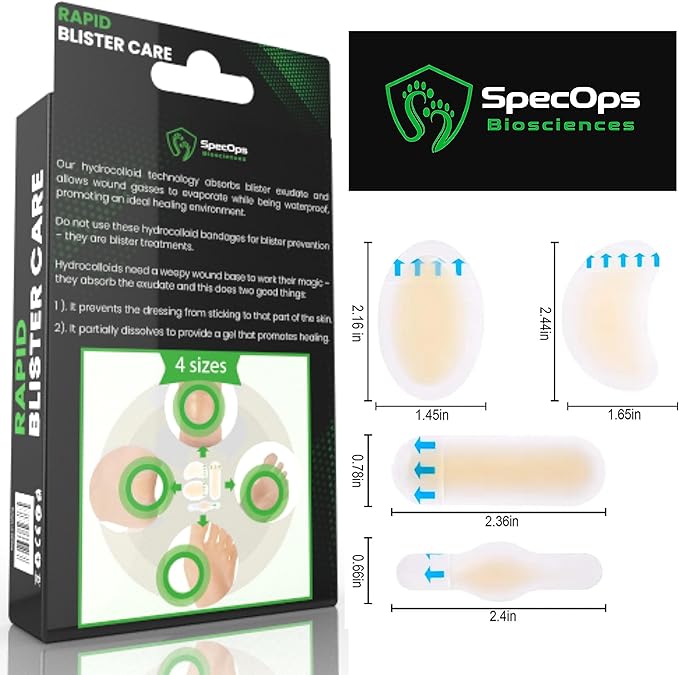 Hydrocolloid Blister Bandages (16 Pack) - Premium Blister Treatment for Athletes. Fast Healing Bandages for Blisters and Burns