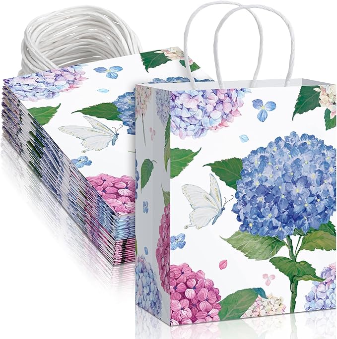 24 Pcs Floral Gift Bags Watercolor Hydrangea Paper Gift Bags with Handles Summer Party Favor Bag for Wedding Birthday Baby Shower