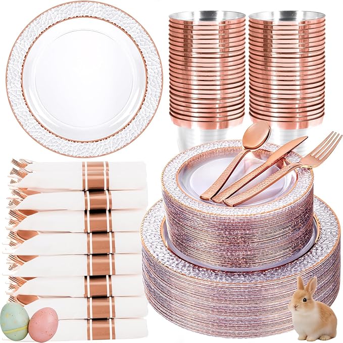 Ciaell 350PCS Rose Gold Plastic Plates - Clear Rose Gold Disposable Plates with Plastic Silverware include 100Plates, 150Silverware, 50Cups, 50Napkins for Wedding & Party & Easter