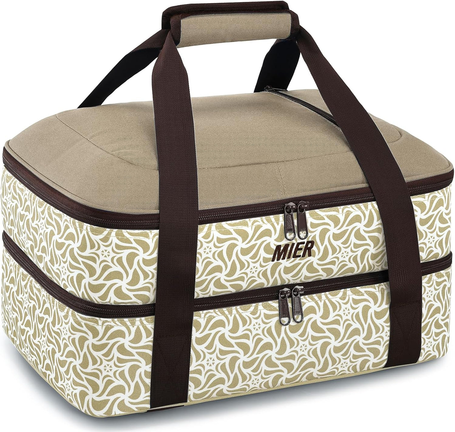 MIER Insulated Casserole Carrier Fits 9"x13" Baking Dishes/Foil Pans, Double Food Carriers Bag Thermal Holder for Hot or Cold Food Lasagna Lugger Potluck Parties Picnic Travel, Khaki