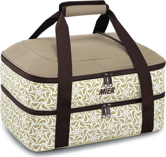 MIER Insulated Casserole Carrier Fits 9"x13" Baking Dishes/Foil Pans, Double Food Carriers Bag Thermal Holder for Hot or Cold Food Lasagna Lugger Potluck Parties Picnic Travel, Khaki