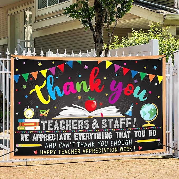 Happy Teacher Day Banner Teacher Appreciation Week Decorations Flag Outdoor 71x44 Inch School Classroom Backdrop,Thank You Teacher Gifts for Indoor Home Party Supplies,Yard Sign Photography Background