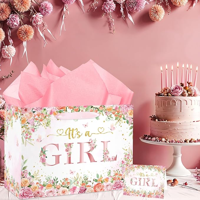 Wayyogh Baby Shower Paper Bag, Rose Gold Floral 'It's a Girl' Gift Bag with Wrapping Tissue Paper, Greeting Card and Handle for Girls' Baby Shower, Birthday Party Favors Decorations Supplies