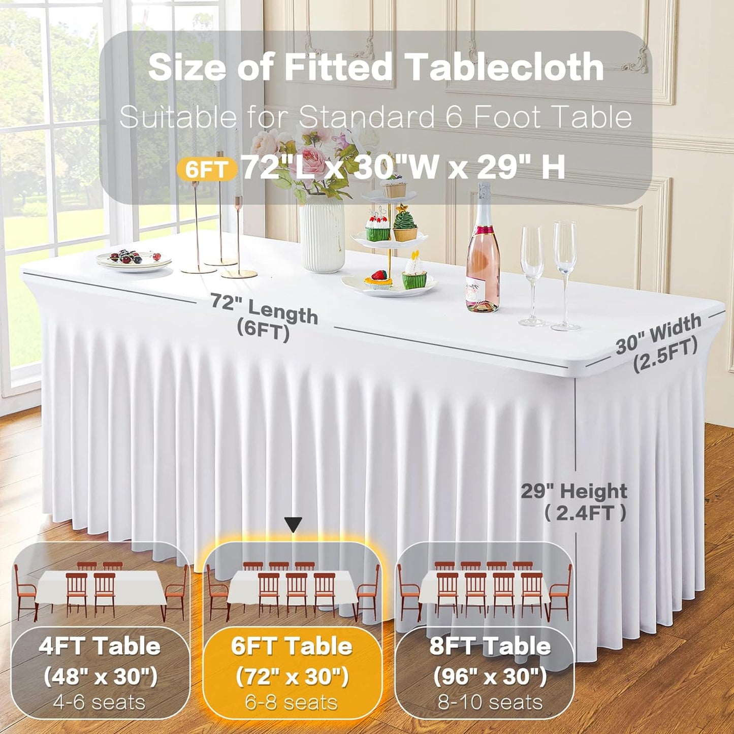 4 Pack White Spandex Tablecloths for 6 Foot Rectangle Tables, Wrinkle Free Stretchy Table Cloths 6ft Fitted Table Cover DeskSkirt for Weddings Birthday Party Banquet Baby Shower