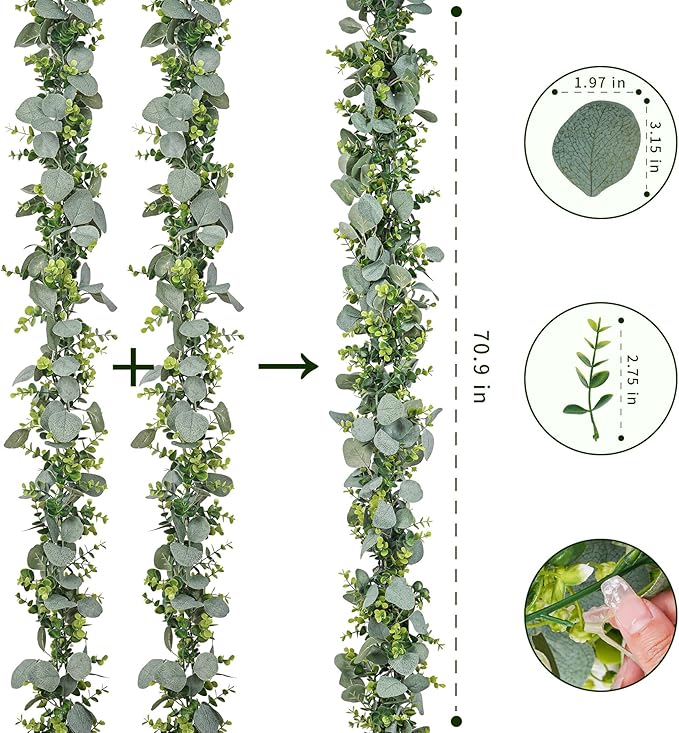 4 Pcs Greenery Garland,5.9Ft Eucalyptus Garland,Faux Flower Garlands Silk Eucalyptus Leaves,Fake Vines for Table Centerpieces Wedding Decorations,Outdoor DIY Front Door Wreath