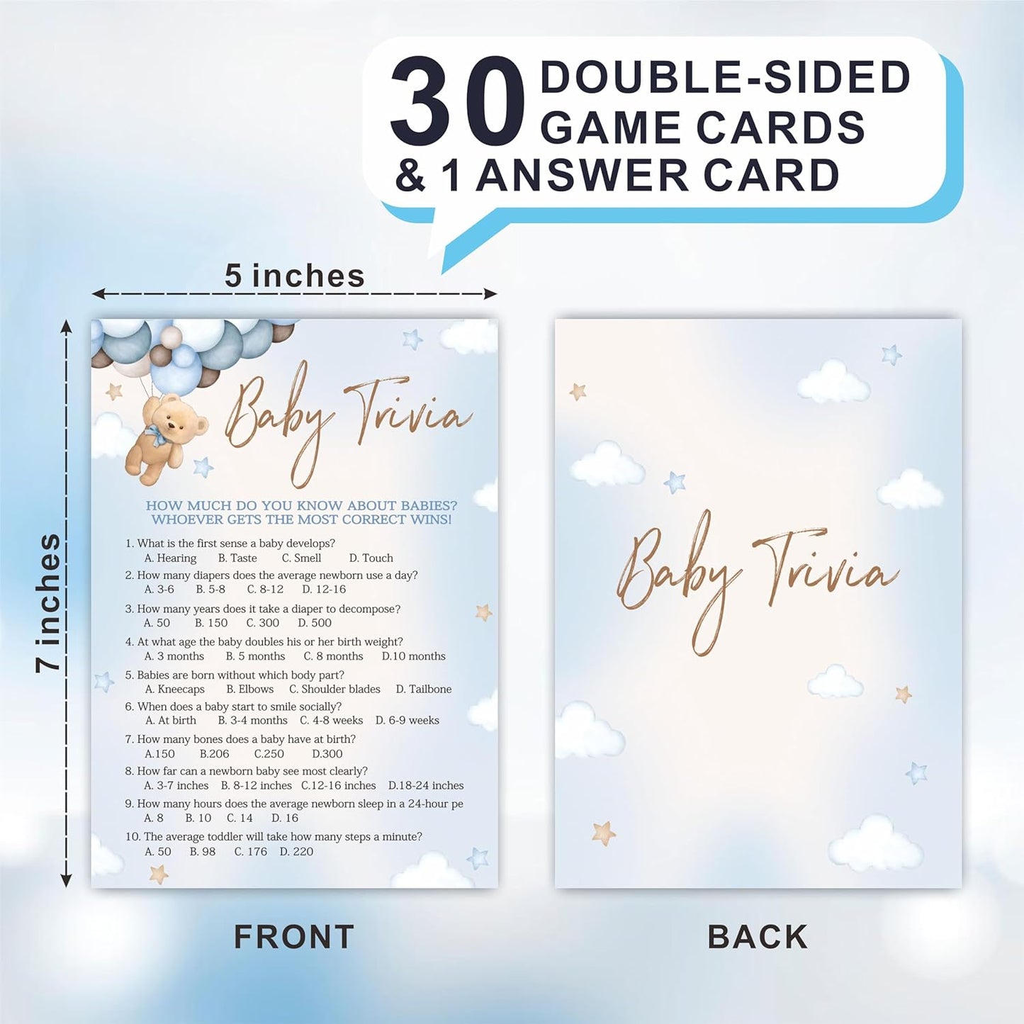 Baby Trivia Game Set For Baby Shower Activity, 30 Double-Sided Fill In Bear & Balloons Game Cards With 1 Answer Card For Girls Boys, Gender Reveal Game，Baby Shower Party Favors & Supplies -A24