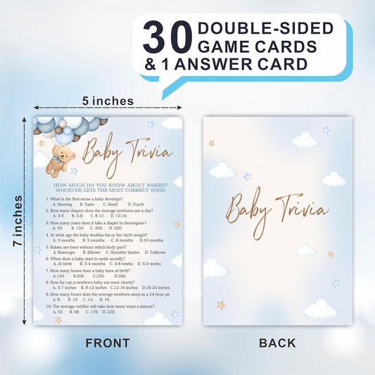 Baby Trivia Game Set For Baby Shower Activity, 30 Double-Sided Fill In Bear & Balloons Game Cards With 1 Answer Card For Girls Boys, Gender Reveal Game，Baby Shower Party Favors & Supplies -A24
