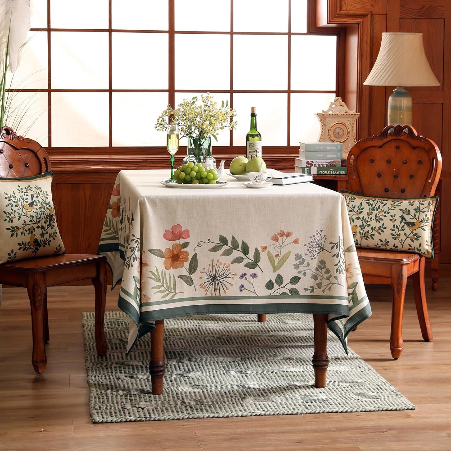 Beige Linen Extra Long Rectangle Tablecloth,Vintage French Shabby Chic Floral Wrinkle Free Table Cloth,Decor Table Cover for Kitchen,Dining,Christmas,Thanksgiving,63"*110"-Manolya