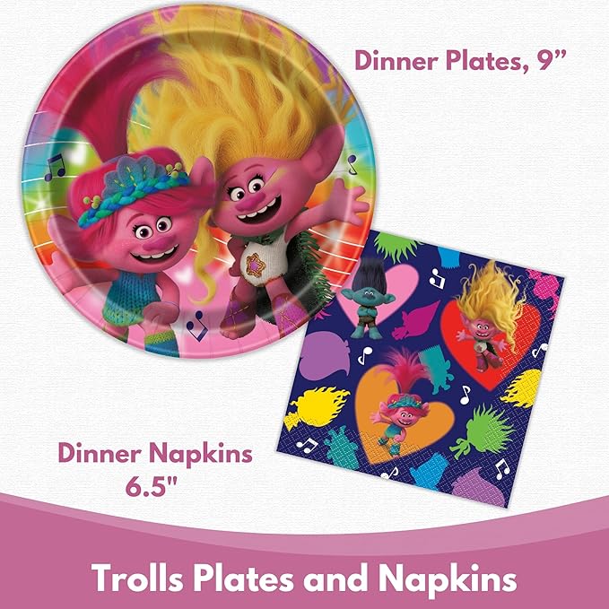Trolls Birthday Party Decorations for 16 - Bundle with Trolls Plates and Napkins, Tablecloth, Banner, Checklist - Party Supplies - Officially Licensed