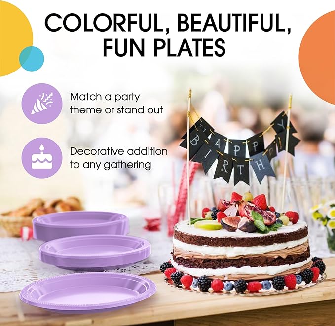Party Solids Lavender Plastic Plates For Party Supplies, Lavender Disposable Plates 100 Pieces - 50-7" & 50-9" Heavy Duty 350 GSM Disposable Dinnerware Sets, Plastic Dinnerware Sets