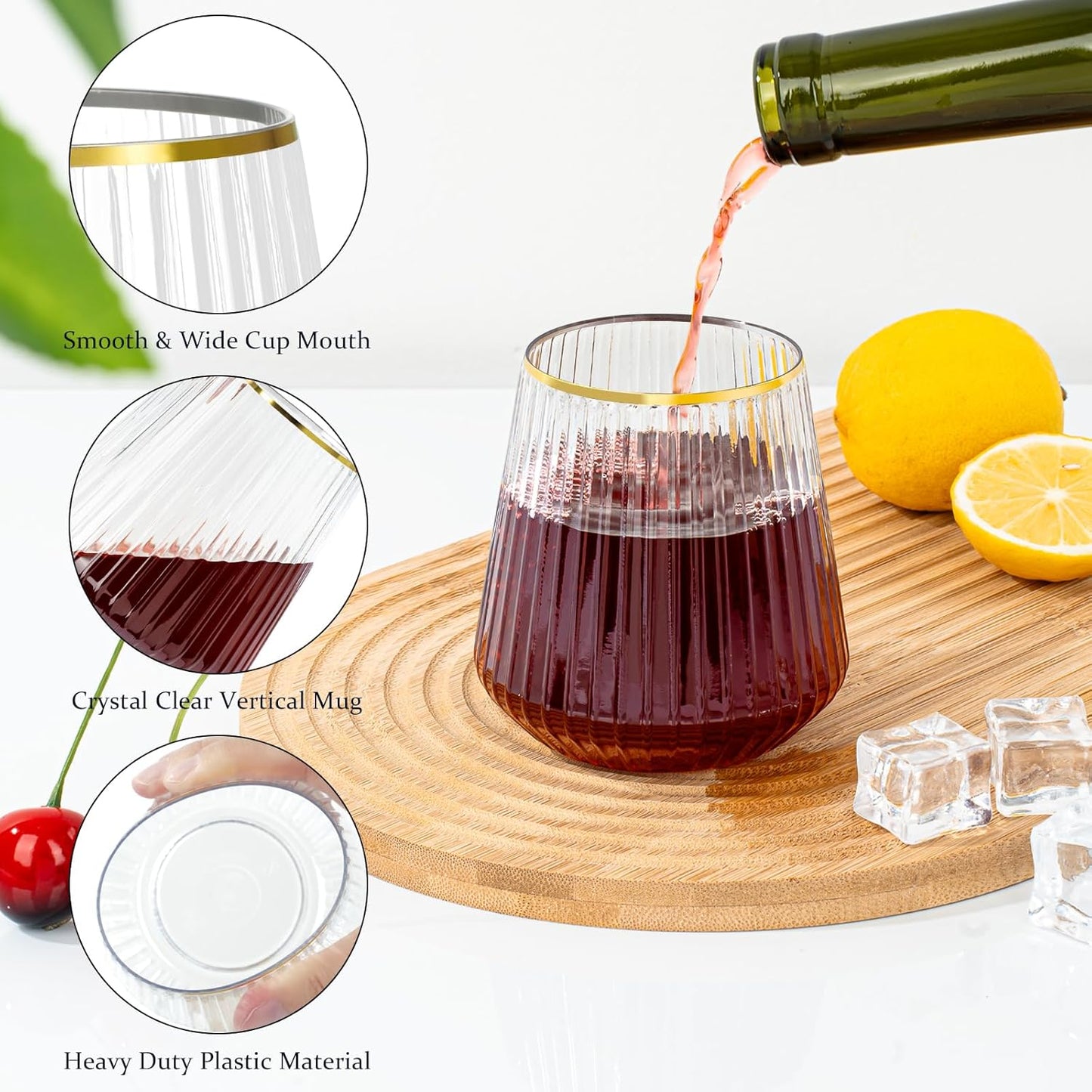 36 Pcs 12 oz Plastic Clear Gold Rim Ribbed Wine Glasses, Disposable & Reusable Champagne Glasses Elegant Whiskey Glasses Ideal for Weddings, Bars, Christmas, Holidays, Pool Party, Daily Use