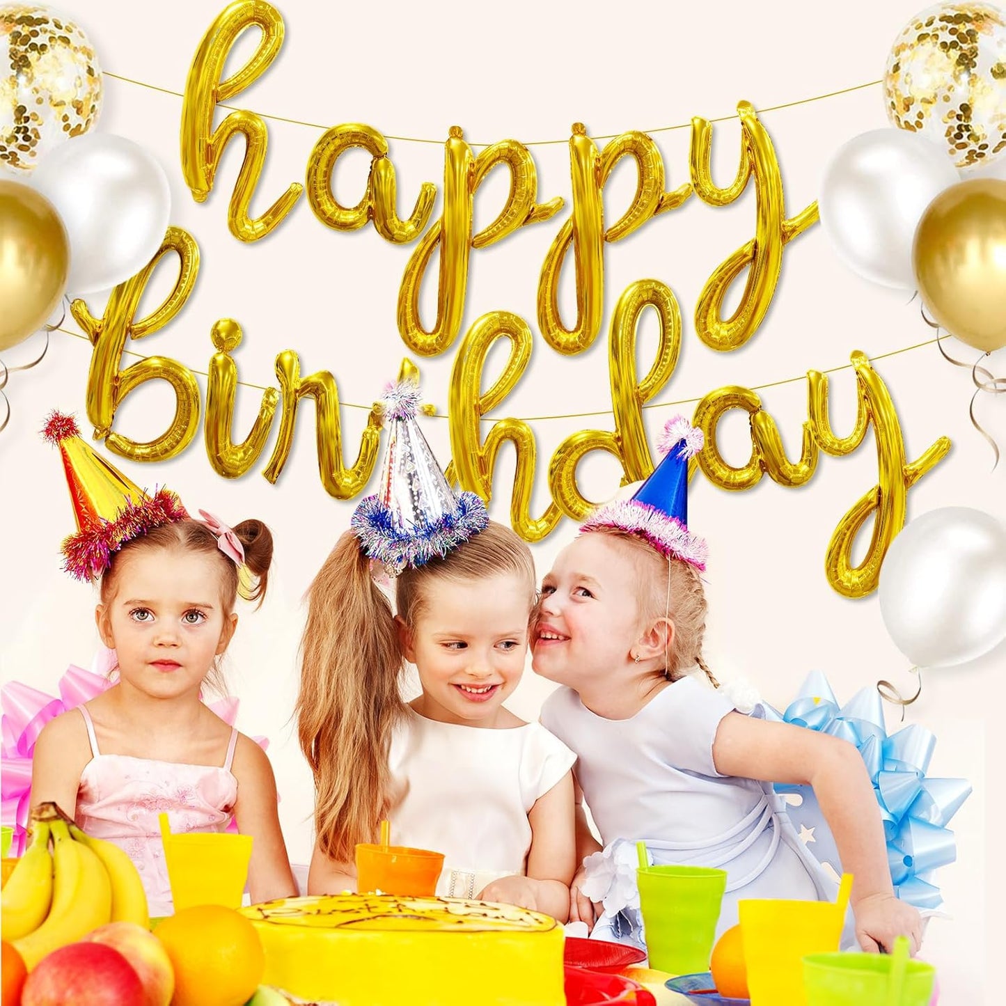 Gold Happy Birthday Balloons Banner, 25pcs Cursive Letters Balloons Sign with Latex Balloons, Foil Mylar Happy Birthday Banner, Golden Happy Birthday Party Decorations for Women Men Birthday Decor