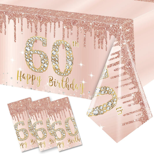 Excelloon 3 Pack Pink Rose Gold Happy 60 Birthday Table Cover Party Supplies, Sixty Year Old Plastic Disposable Rectangular Table Cloth Decor